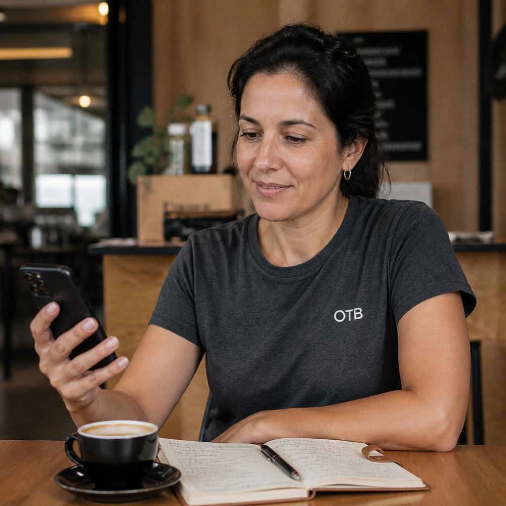 Empreendedor acompanhando o negócio pelo app da OTB