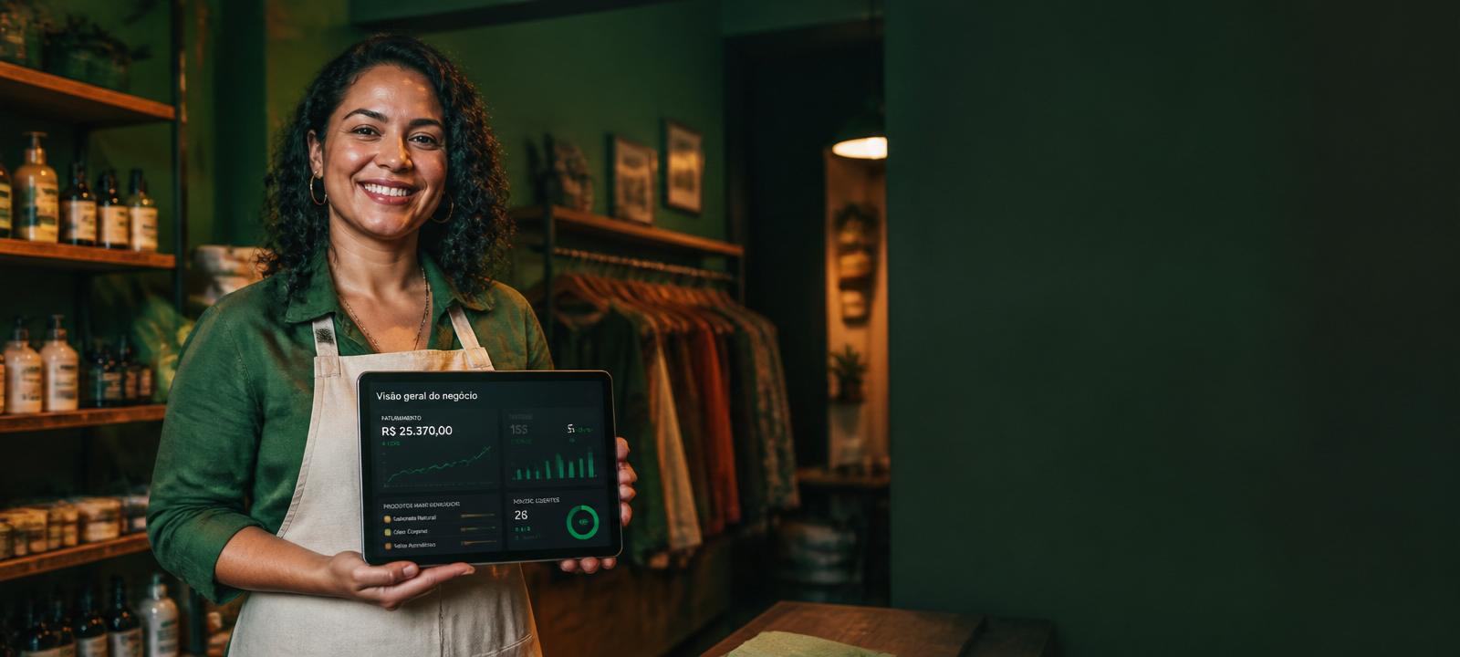 Empreendedora de PME em sua loja com dashboard do negócio no tablet