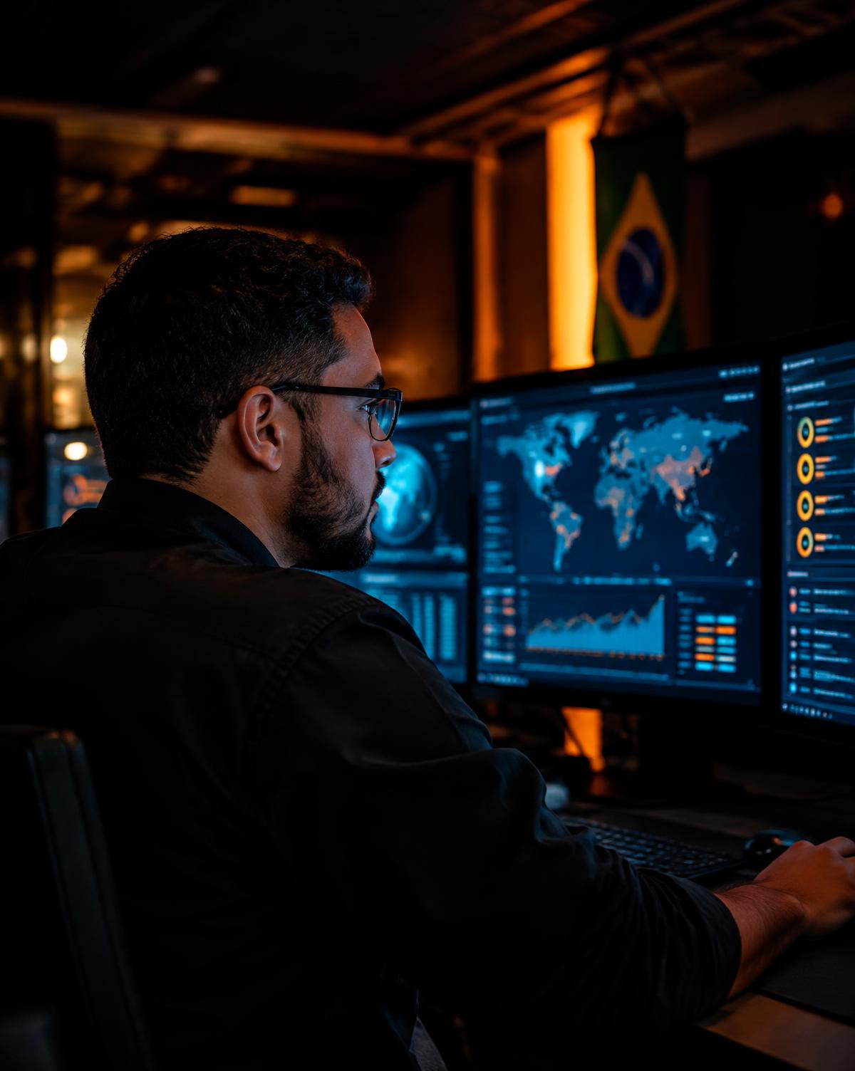 Analista de segurança da OTB monitorando painéis de operação
